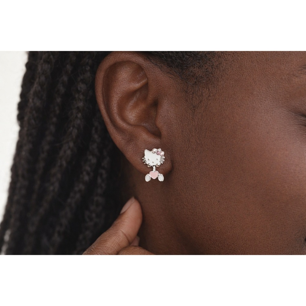 HELLO KITTY Stud Earrings Silver Pink Dangle‎ Jacket Cute Minimal Gift - Picture 3 of 4